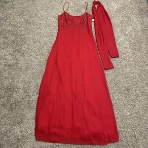 Chelsea Nites 2000s Red Beaded Maxi Dress with Scarf